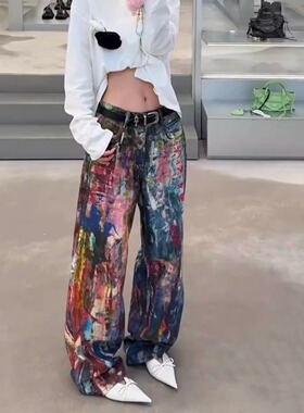 AC24FW1981视觉错视3D数码打印花油漆彩虹涂绘宽松男女帆布牛仔裤