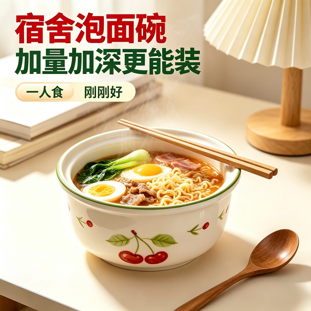 一人食三件套简约卡通6英寸泡面碗带盖带碗家用高颜值宿舍学生用