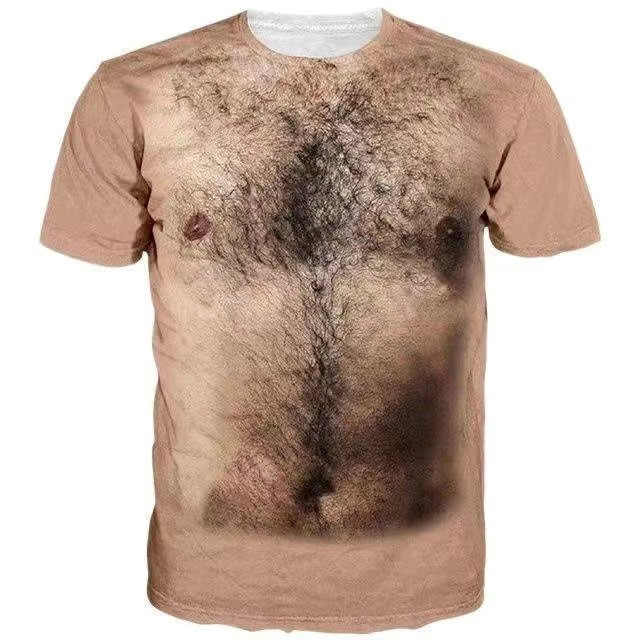 个性搞笑假腹肌胸毛奇葩肌肉创意纹身3D立体T恤短袖衣服打底衫