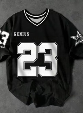 美式男夏季短袖男女休闲T恤街头风格涤纶3d印花t恤V领时尚上衣