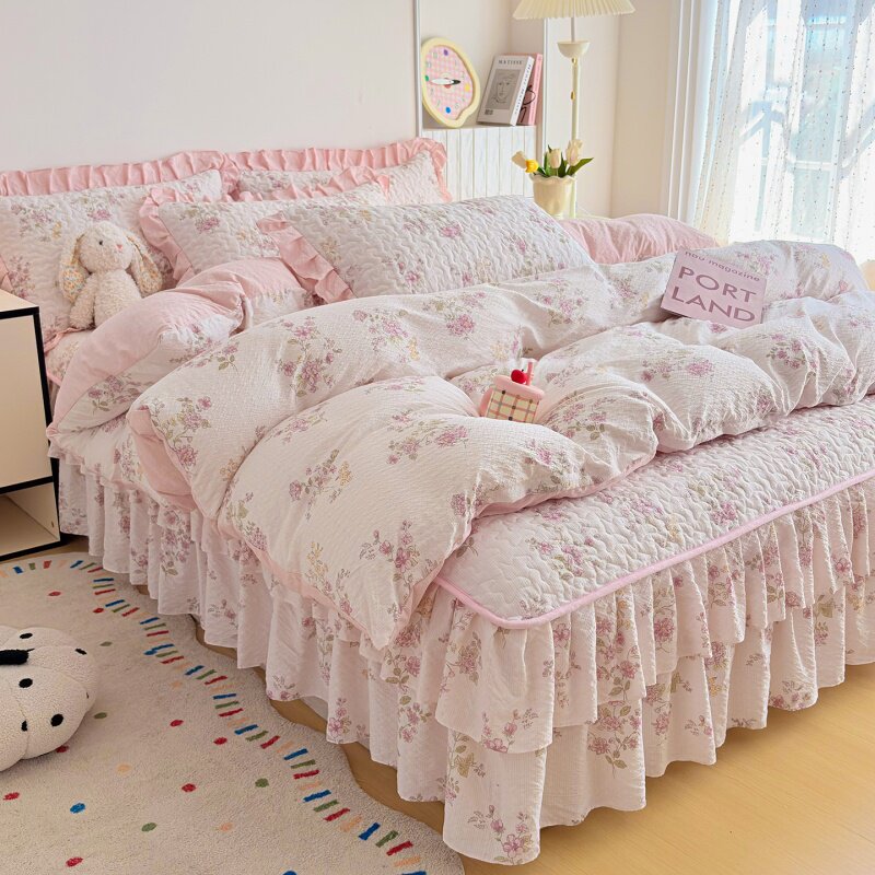 法式甜美风粉色碎花四件套夹棉床裙荷叶边公主风少女床罩套件床上