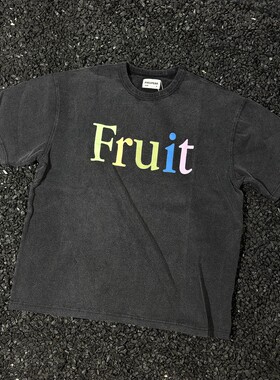 日单Fppev联名Fruit of the loom字母印花短袖做旧复古彩虹T恤男