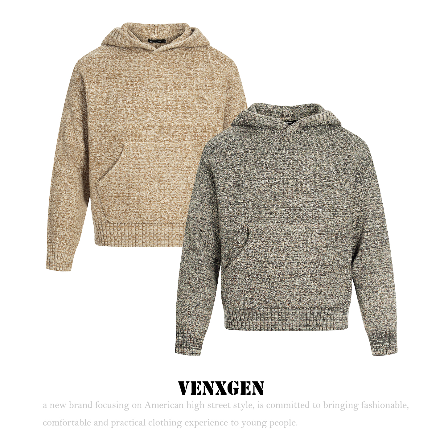 VENXGEN 美式复古cleanfit连帽麻花针织衫男秋冬休闲简约长袖毛衣