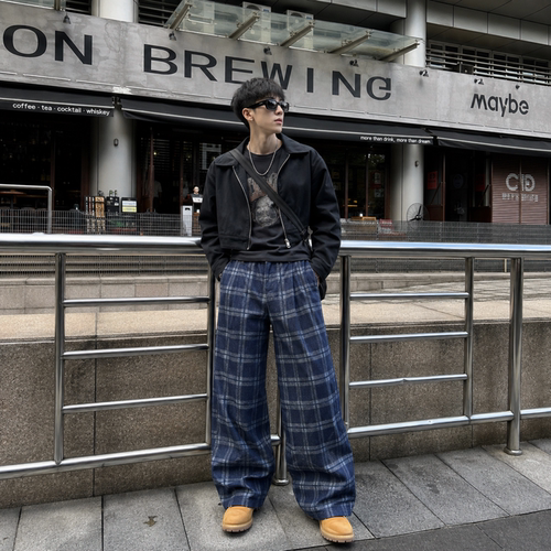 美式复古格子弯刀休闲裤男女