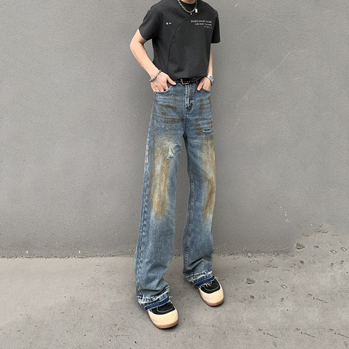 美式复古脏脏做旧破洞牛仔裤