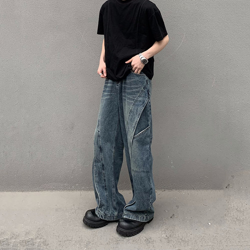 美式高街解构分割牛仔裤男设计感