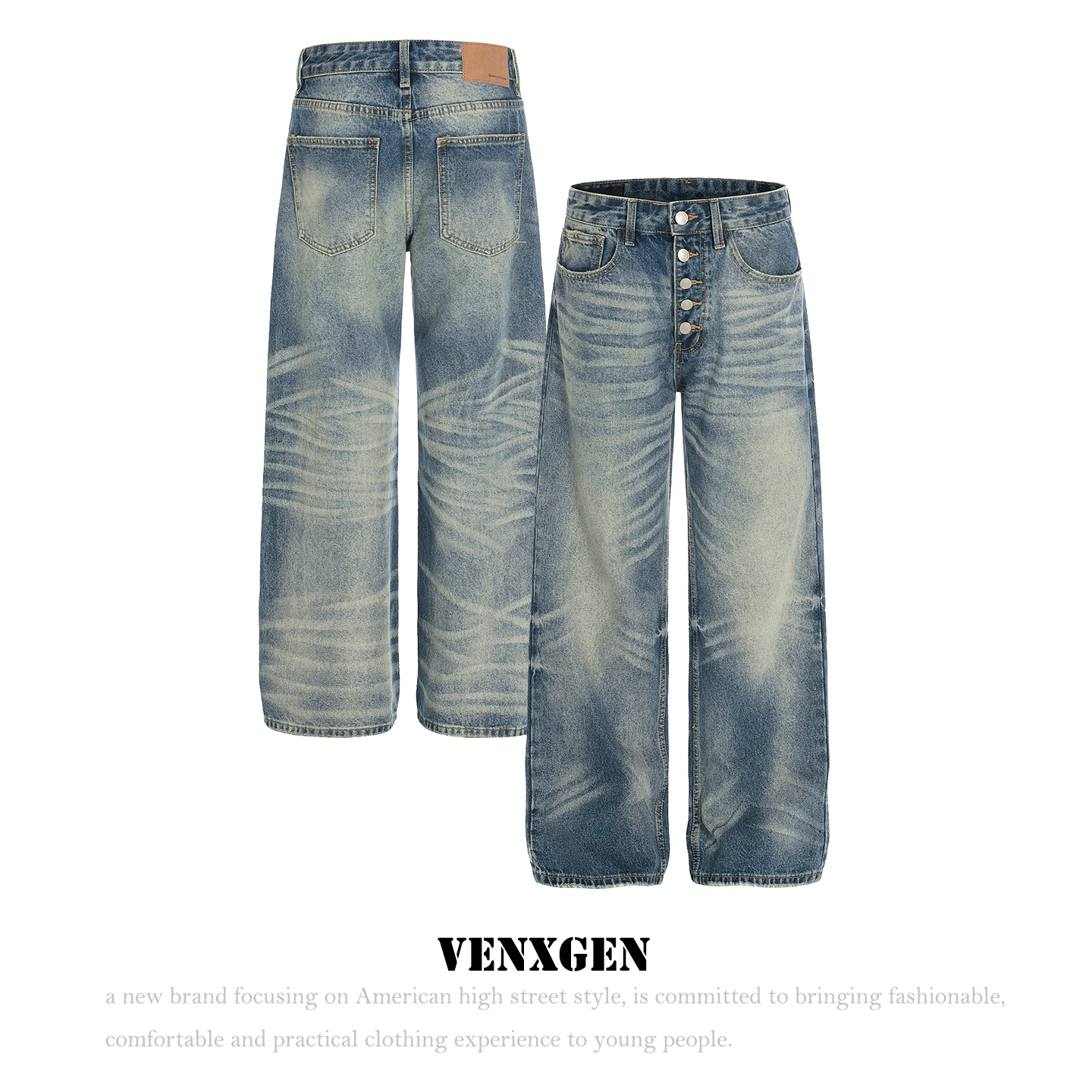 美式高街猫须直筒牛仔裤男宽松