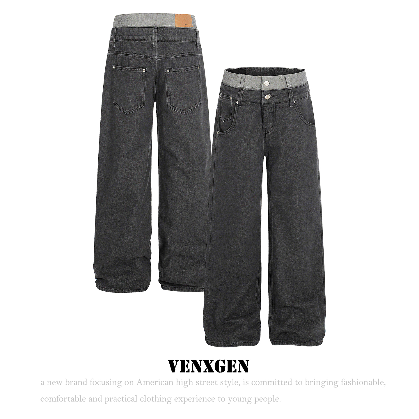 VENXGEN 美式高街双腰头拼接牛仔裤男女直筒高级感原牛弯刀阔腿裤