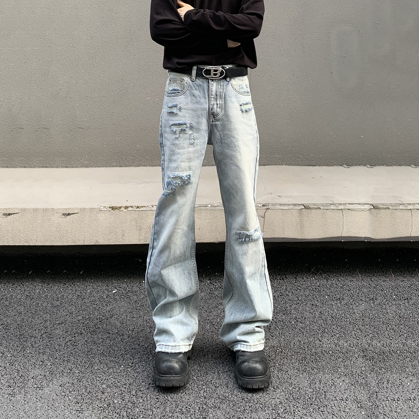 美式高街破洞牛仔裤男复古水洗