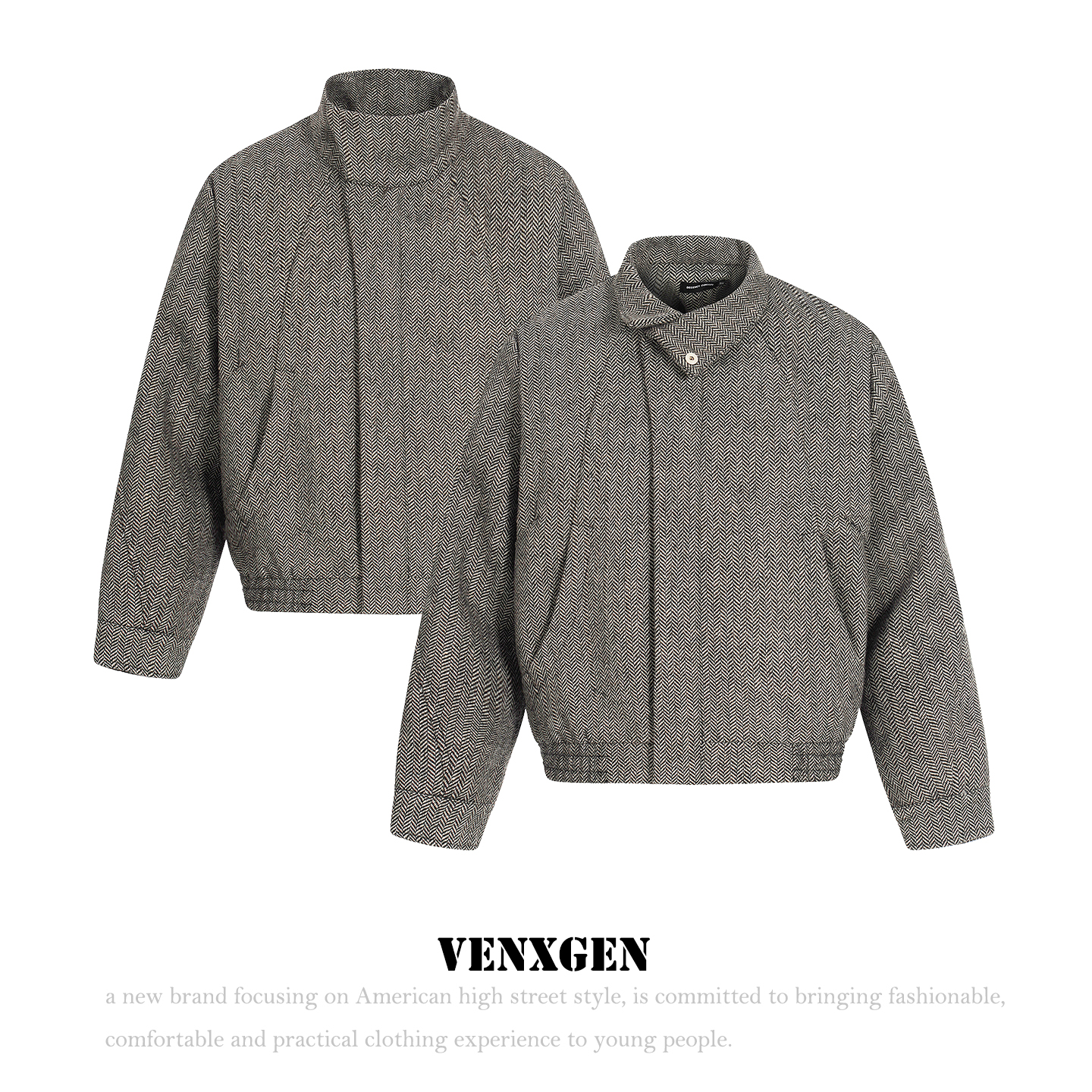 美式复古半月人字纹羊毛夹克男