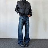 VENXGEN 子 男猫须做旧休闲长裤 美式 复古深蓝色cleanfit直筒牛仔裤