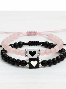 黑白爱心白松黑曜平结手串手工