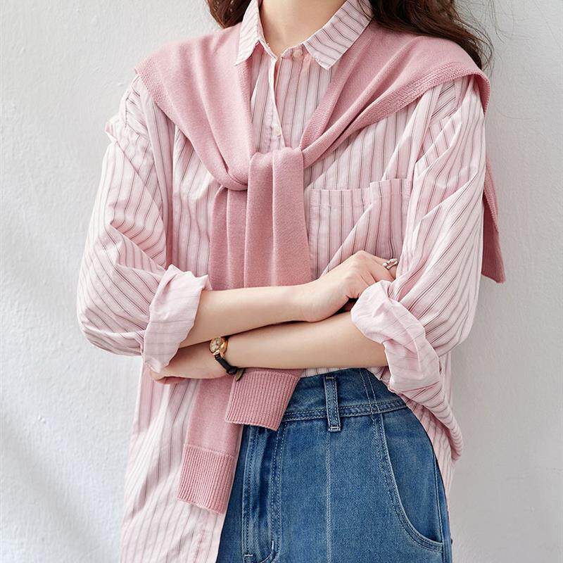 棉茧 针织披肩条纹衬衫女长袖2026春装新款洋气上衣粉色翻领衬衣