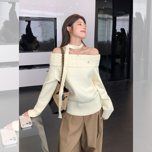 温柔风一字肩露肩软糯毛衣女2026早秋小个子甜美麻花针织衫上衣