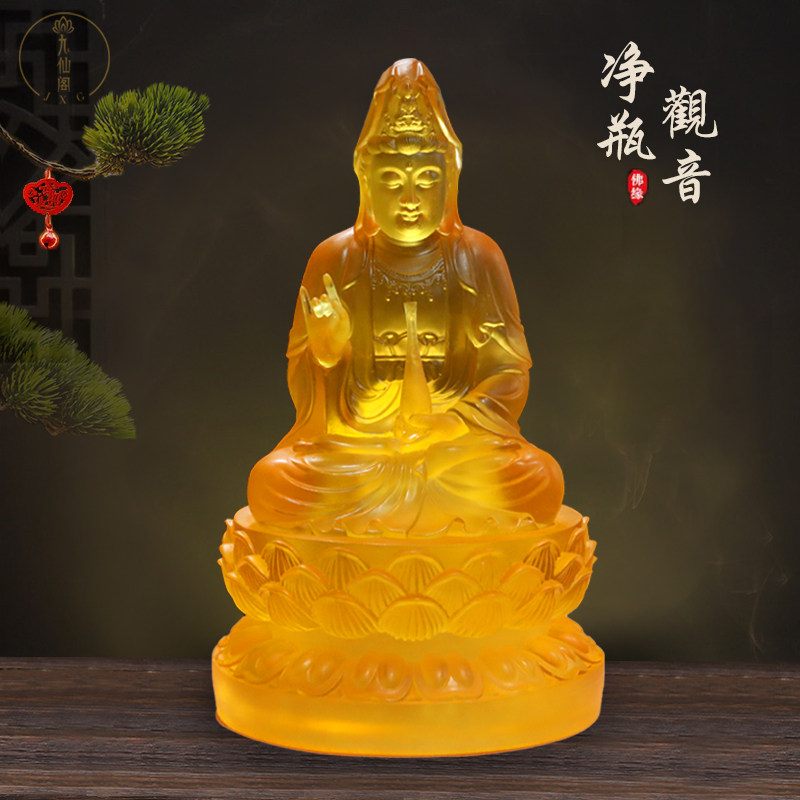 观世音佛像佛堂摆件菩萨家居供奉持经树脂坐莲观音水琉璃中式供台