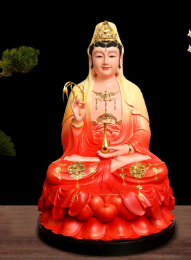 观音佛像供奉家用坐莲娑婆三圣坐像树脂彩绘摆件大南海观世音菩萨