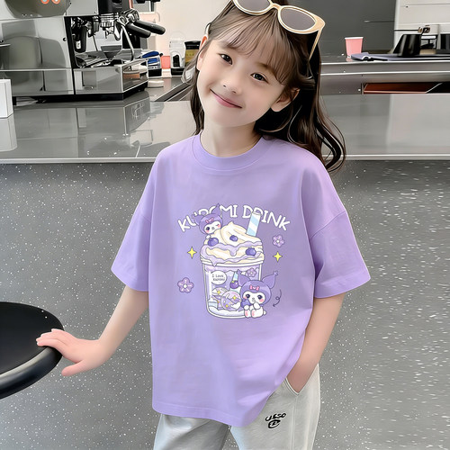 纯棉库洛米女童短袖t恤夏季薄新款女孩紫色半袖上衣卡通儿童服装