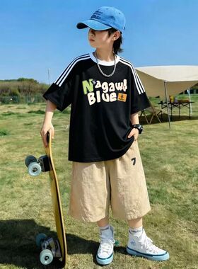 儿童短袖T恤纯棉夏装两件套男童夏季速干休闲短裤中大童运动套装5