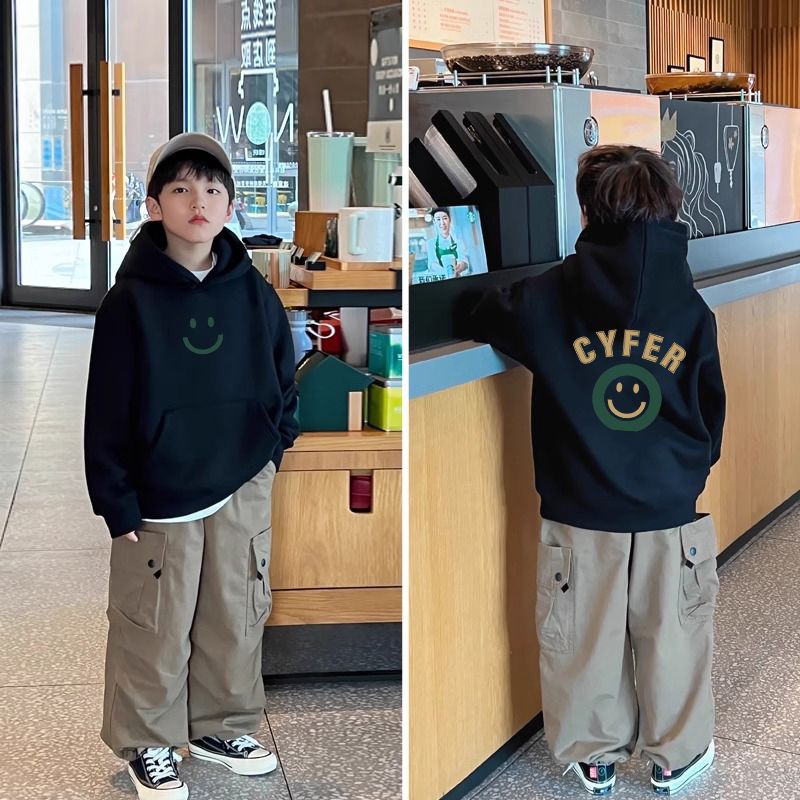 男童加绒卫衣连帽冬款潮牌中大童加厚保暖上衣儿童大男孩冬装童装