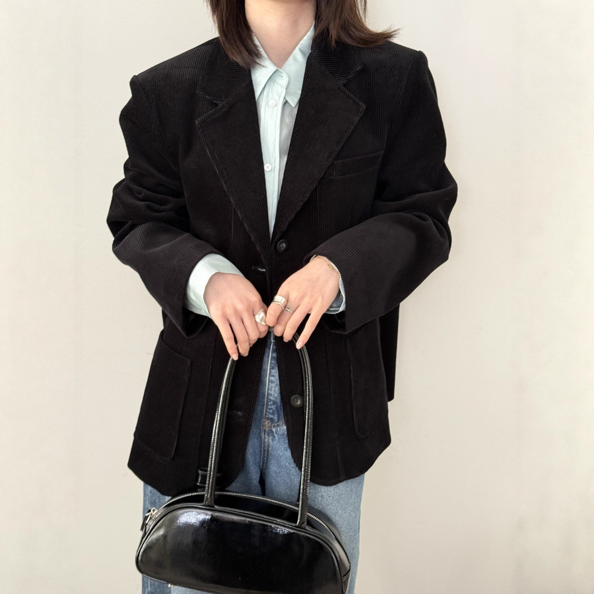 emoni韩版感气质翻领灯芯绒外套女2025秋职场通勤小西服14369
