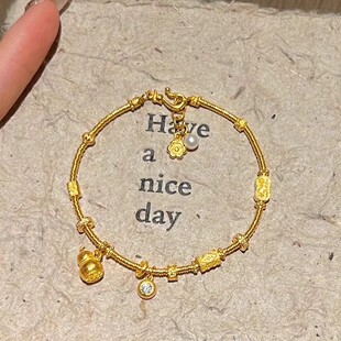 古法黄金色盘缠葫芦手链女手工编制复古流苏diy珍珠花朵手镯手环