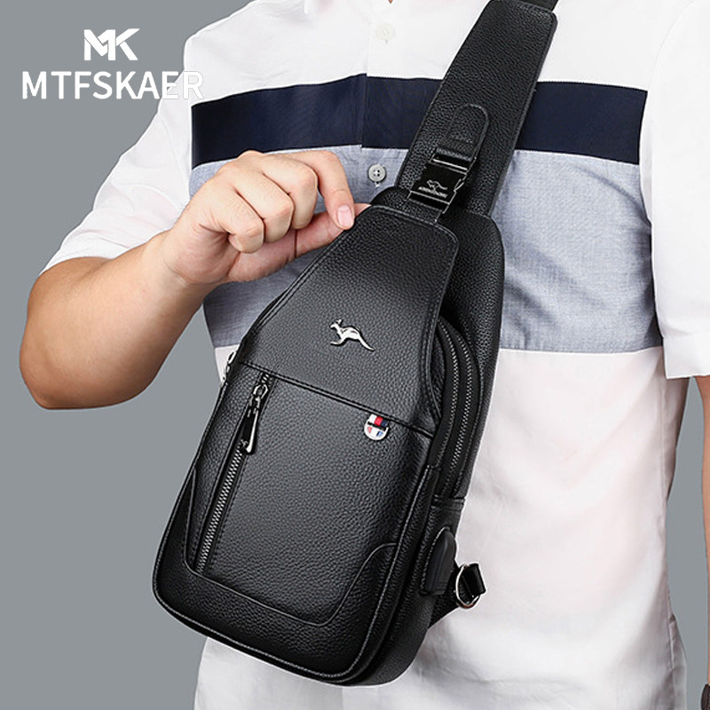 香港MTFSKAER高级感男士真皮胸包新大容量胸前背包男款单肩斜挎包