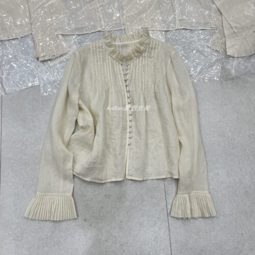 chumo8605夏季欧货喇叭袖衬衫女宽松苎麻珍珠单排扣长袖防晒衬衣