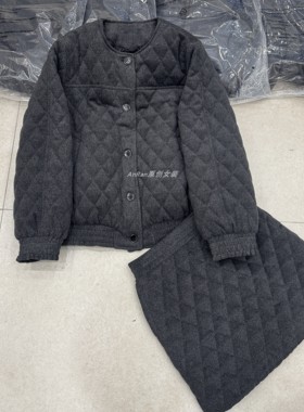 8086冬季新款韩系菱格纹90白鸭绒羽绒服外套女＋高腰半裙两件套装