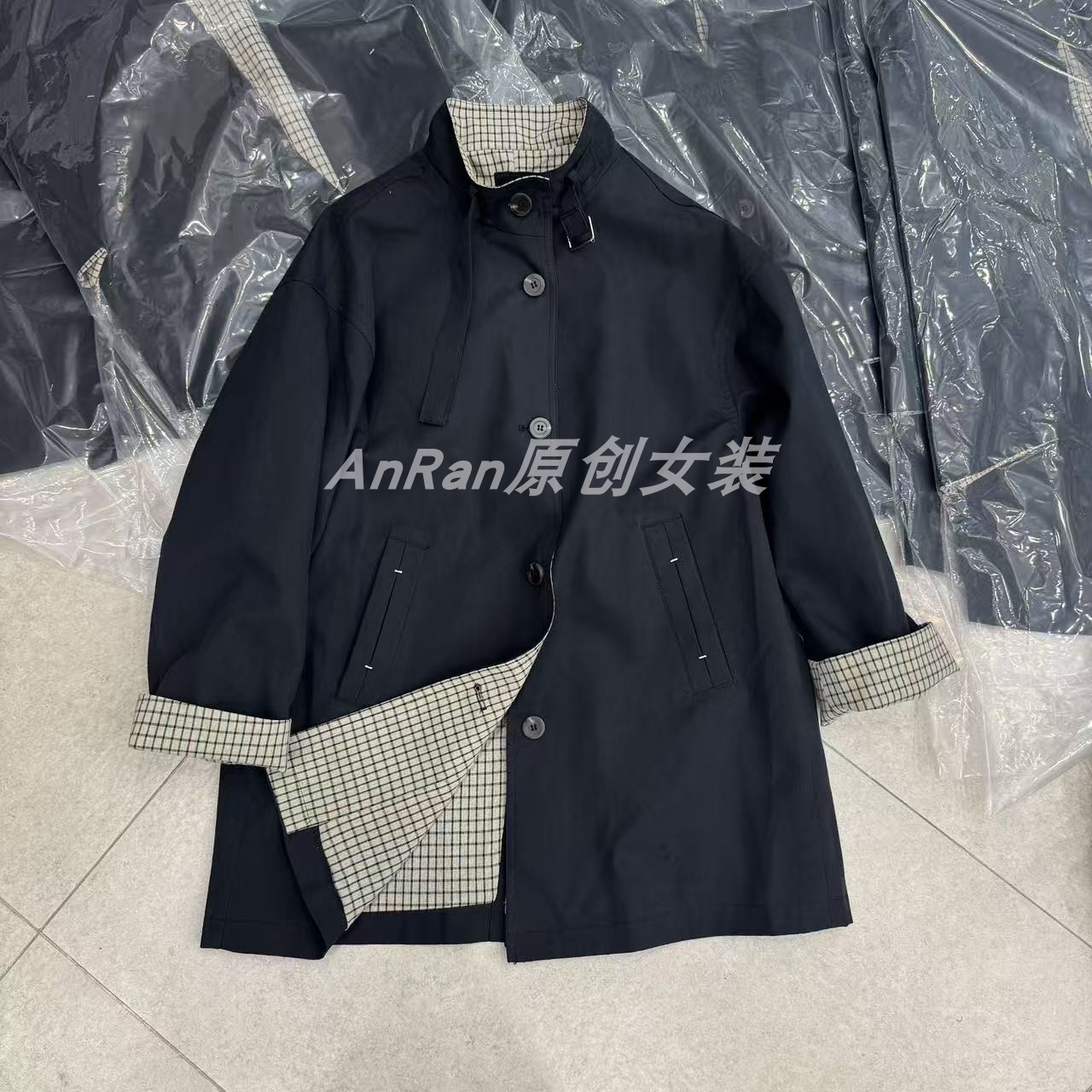 chumo10069春秋新款高级感英伦风休闲宽松中长款拼格子风衣外套女