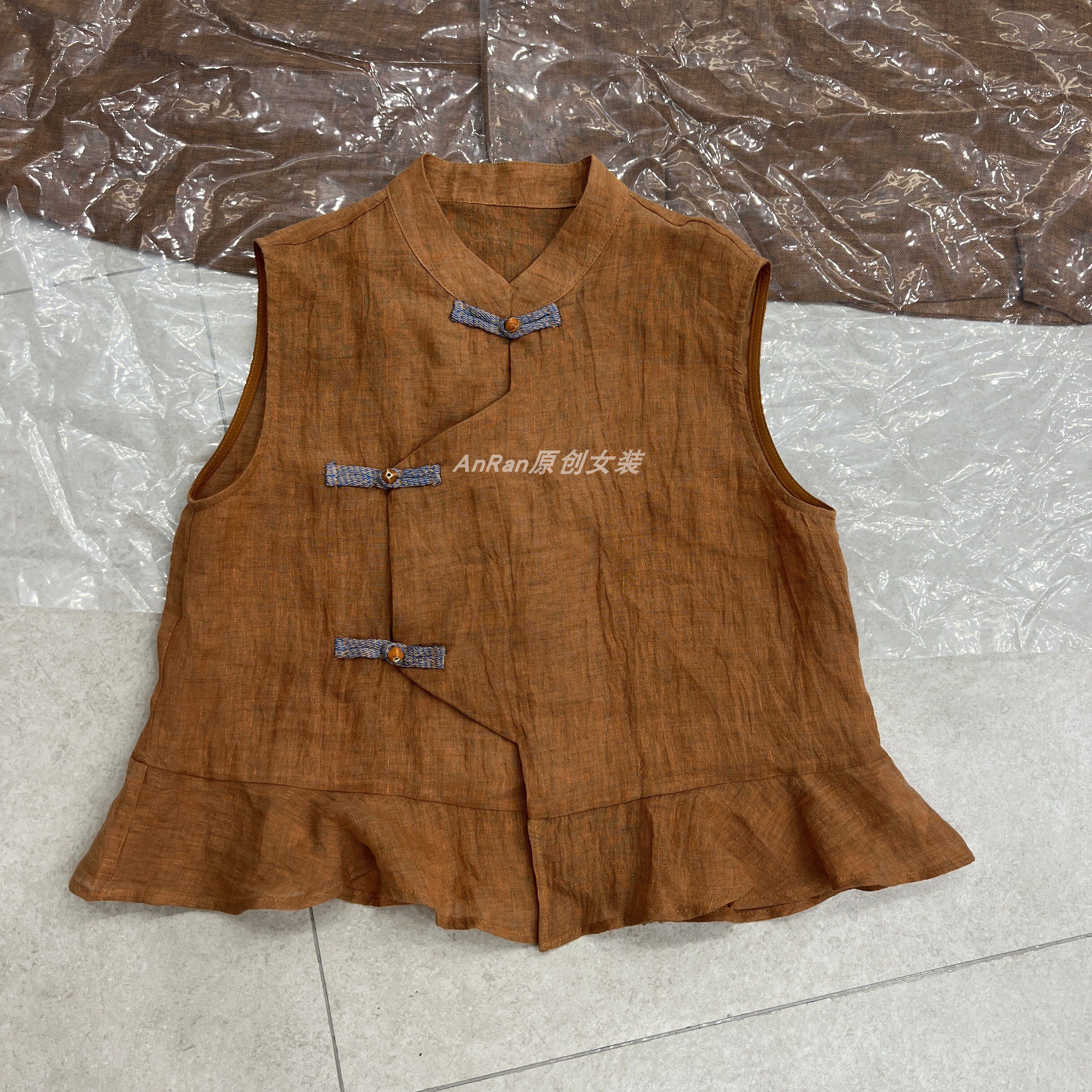 chumo8657新中式盘扣立领无袖马甲女夏季薄款荷叶边背心减龄上衣