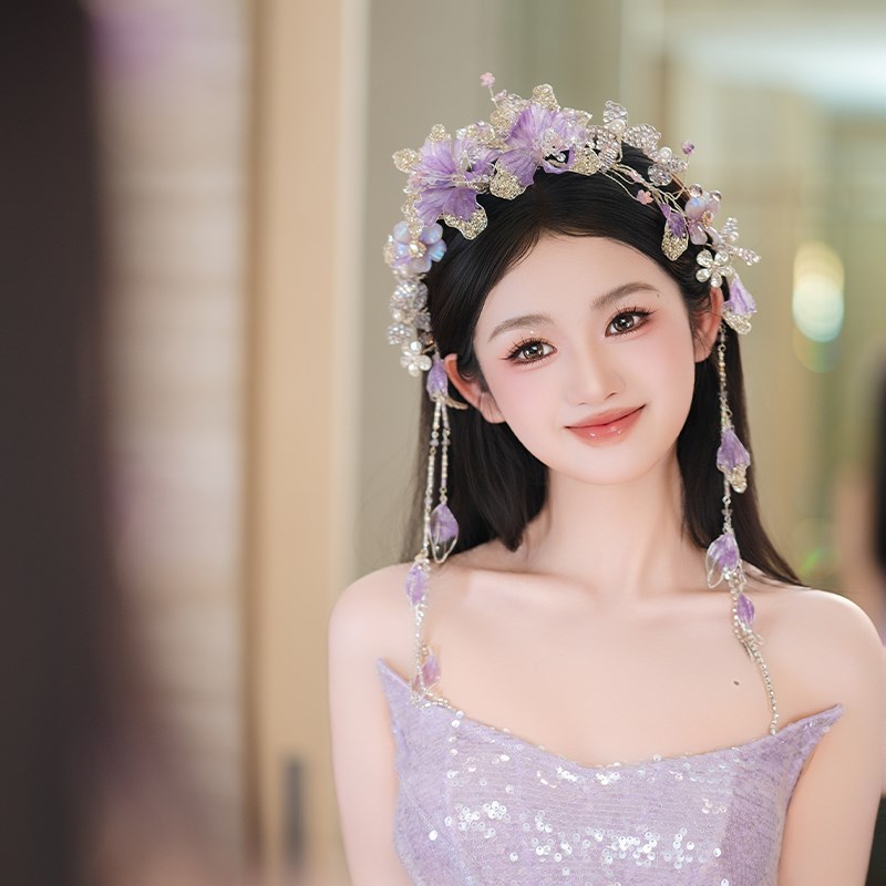 新娘温柔仙女浅紫色花朵侧边长流苏结婚敬酒服订婚写真配饰品发饰