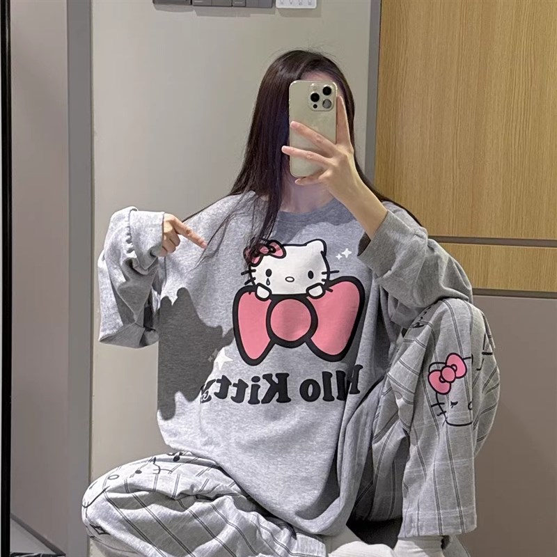 日系长袖睡衣女秋甜美可爱猫咪印花家居服大码胖mm200斤格子套装