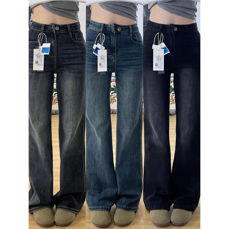 蓝色弹力直筒牛仔裤女春季新款大码胖mm宽松显瘦梨形身材微喇裤子