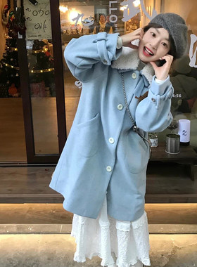 韩系赫本奶蓝色g毛呢外套女中长款2025春季小个子甜美可爱呢子大
