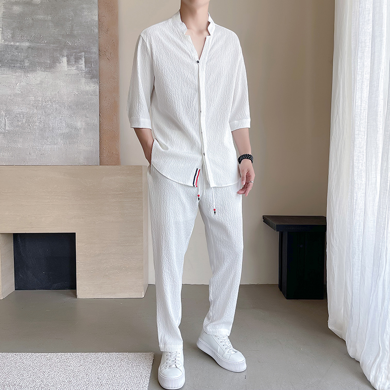 一套2025新款夏季冰丝七分袖套装男生短袖衣服高级感时尚休闲男装