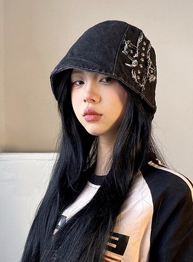 WN帽子韩国黑色牛仔水桶帽女小众时尚铆钉十字架S渔夫帽遮脸显脸