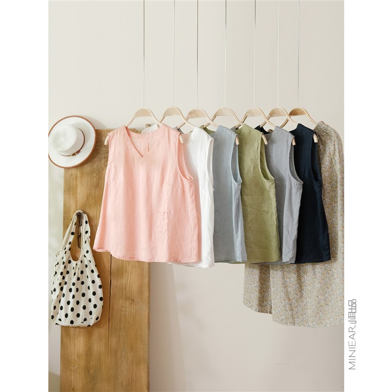 小耳出品 日系舒适透气100%亚麻V领叠穿设计百搭背心无袖T恤上衣