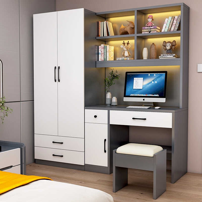 书桌带衣柜一体儿童房电脑桌书柜组合家用卧室带书架实木学习桌