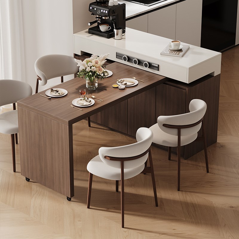 高端中古风岩板岛台餐桌一体家用可伸缩开放式厨房小户型旋转吧台