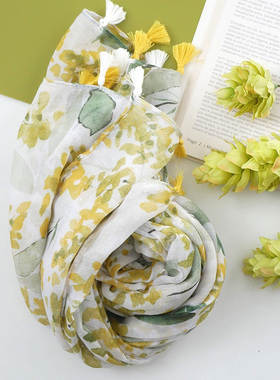 清澈生长 2022新款棉麻围巾女 小清J新文艺枝叶春夏丝巾薄款披肩