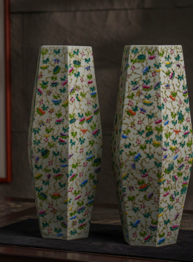 清代粉彩瓜瓞绵绵六角瓶(一对)文F玩古董瓷器收藏办公室花瓶摆件