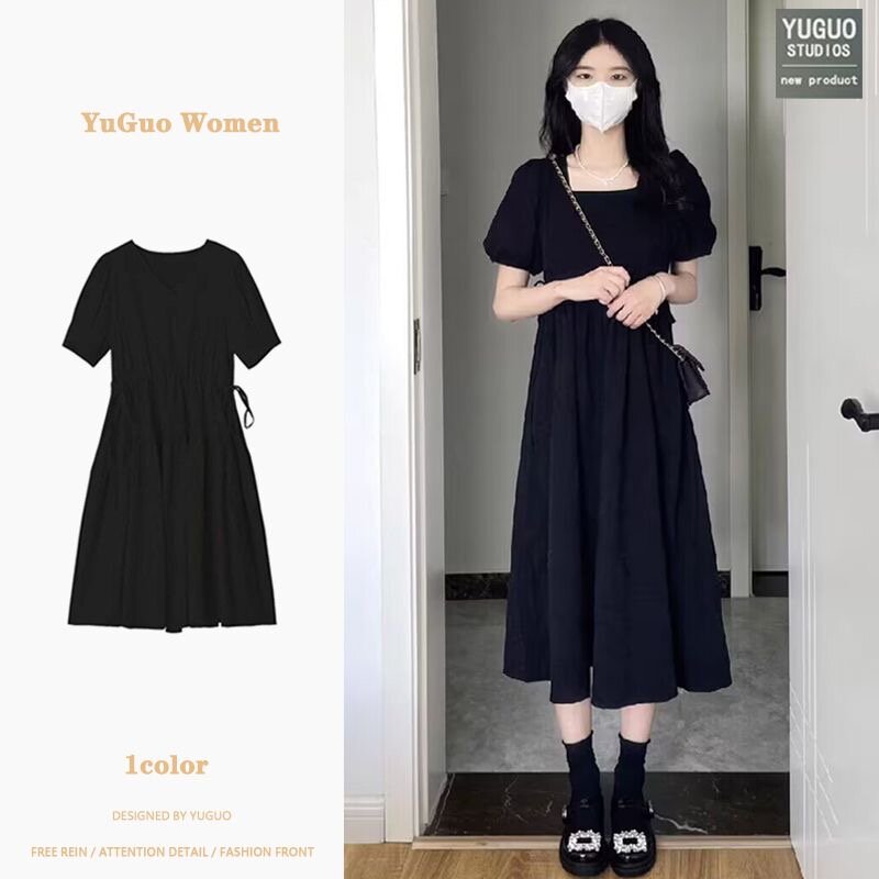 赫本风方领哺乳连衣裙夏季喂奶长裙202I3产后哺衣显瘦外出辣妈款