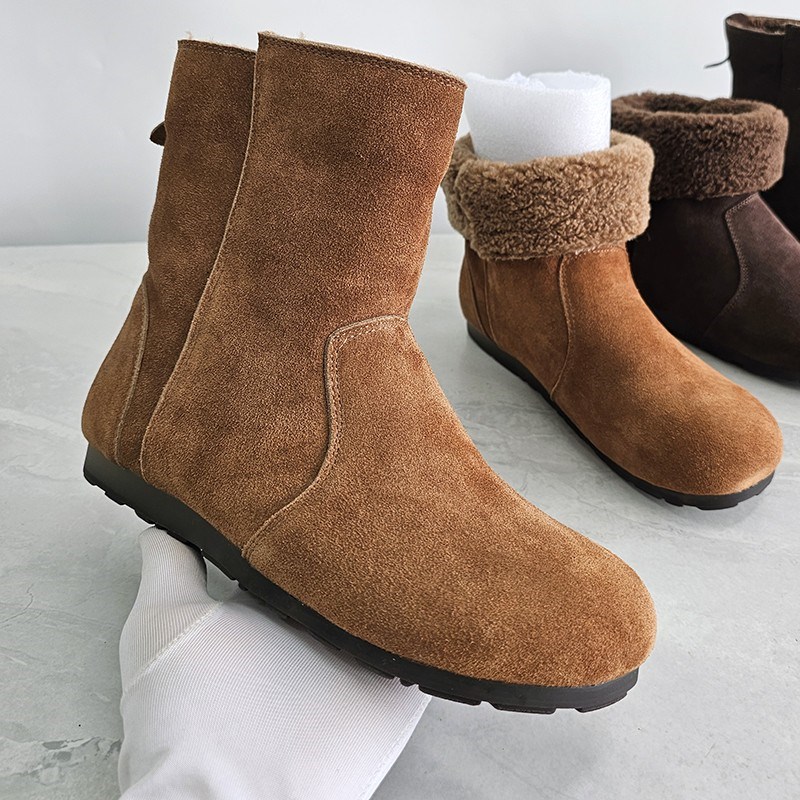 外贸版~加e厚绒~磨砂牛皮雪地靴女两穿翻边软底平底圆头短靴博肯 - 封面