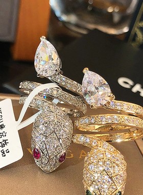 超闪锆石蛇头水滴戒指轻奢高级感开口关节戒尾戒指环小众设计配饰