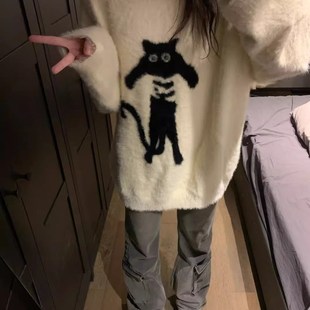 美式 秋冬 猫咪慵懒风宽松圆领毛衣女套D头毛绒针织衫 加厚上衣长袖