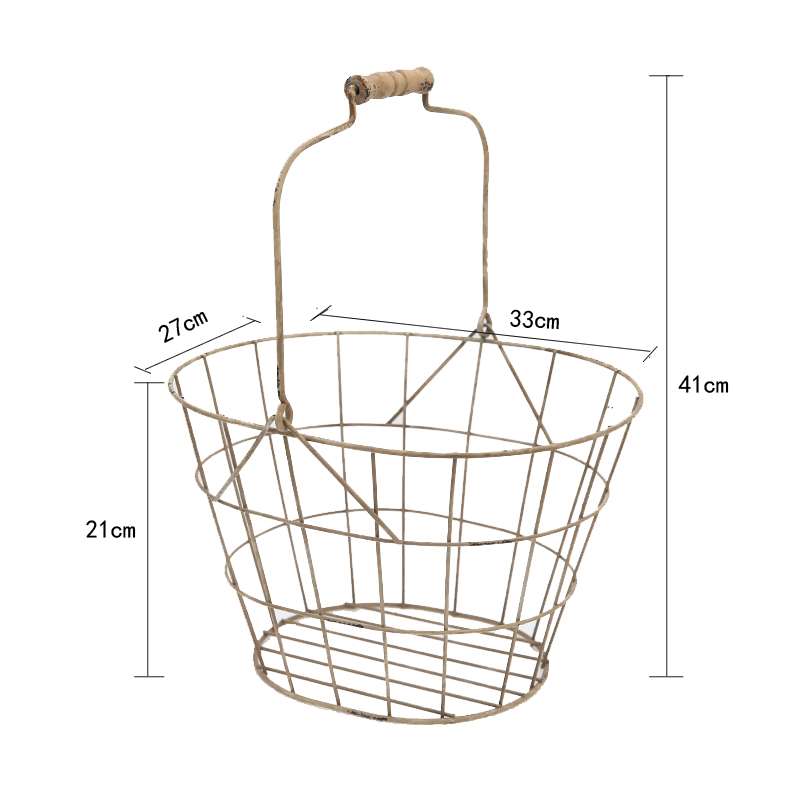 C花园杂货金属编织铁丝花篮装饰做旧单把木柄篮子储物收纳铁皮筐