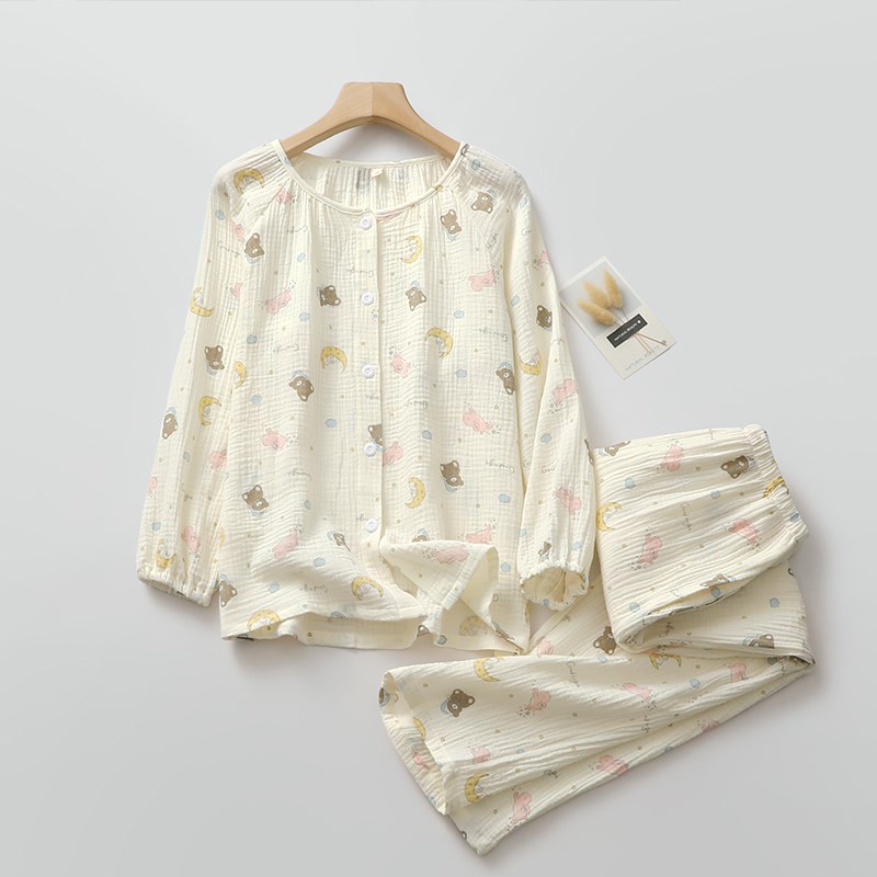 卡通睡衣女生纯棉纱圆领开衫8分袖长裤春夏薄款家居睡眠服可外穿