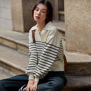 黑白条纹毛衣女春秋2024新款v领针织打底衫翻领套V头上衣宽松休闲