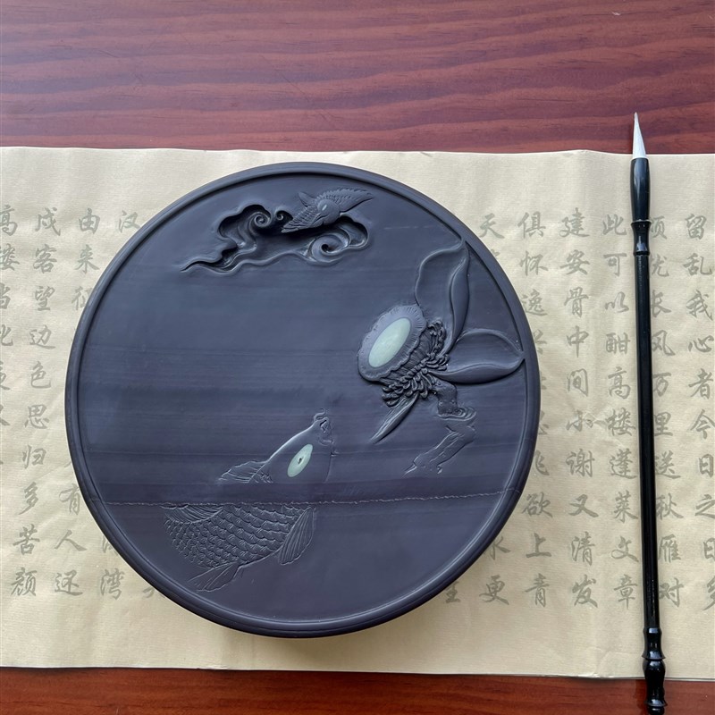 端砚歙砚紫袍玉带砚精品易水砚送礼手工雕L刻经典鱼戏莲花砚台现