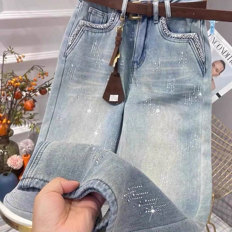欧货2025夏季新款轻奢烫钻高品质牛仔裤女洋气渐变显高窄版直筒裤